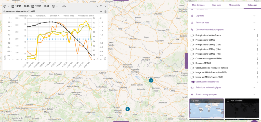 Capture d'écran de Kalisio Mpas indiquant les relevées météo d'une balise Weatherlink, à Pamiers